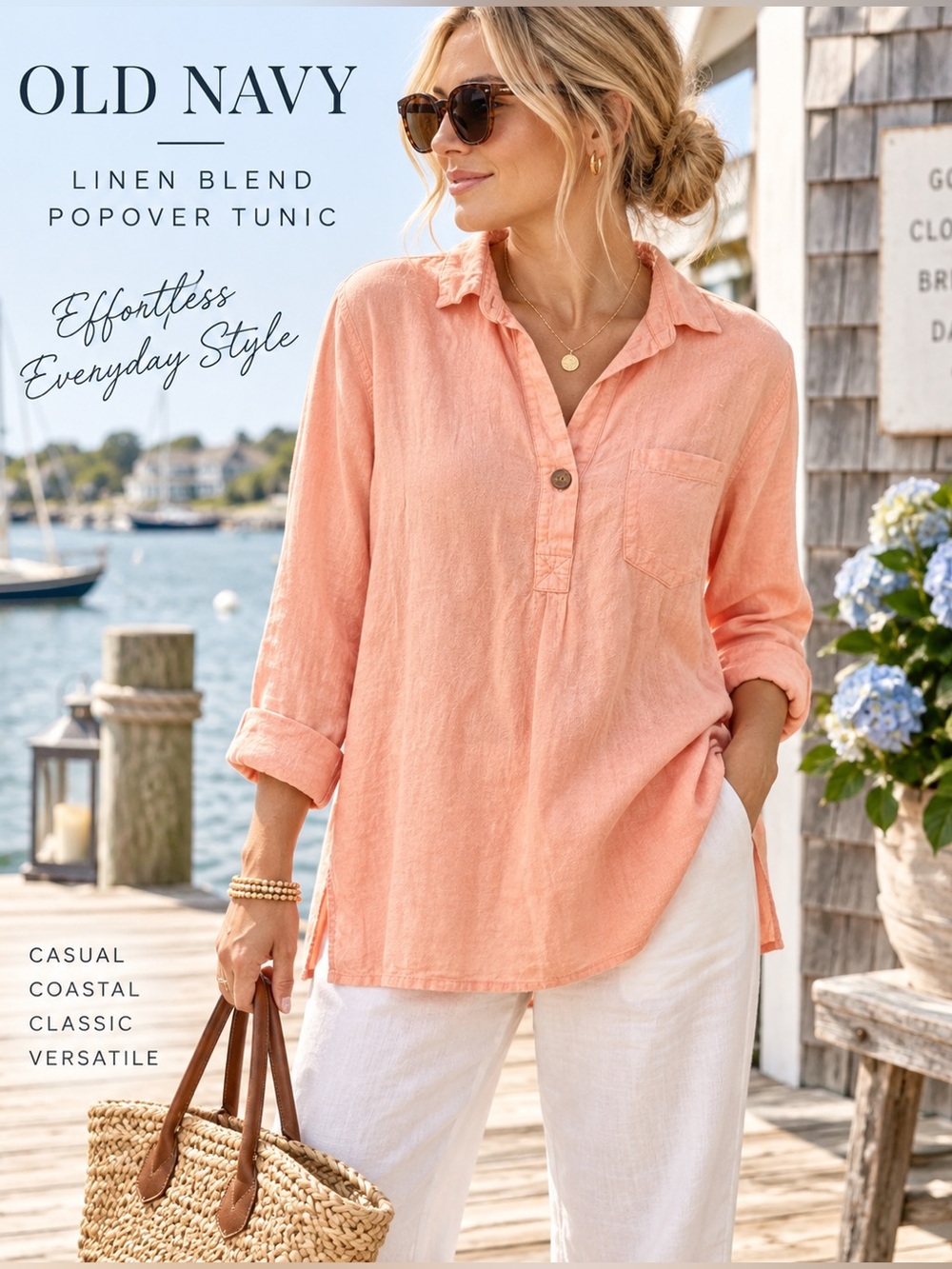 Old Navy XS Feeling Peachy Linen Blend Popover Tunic Shirt Coastal